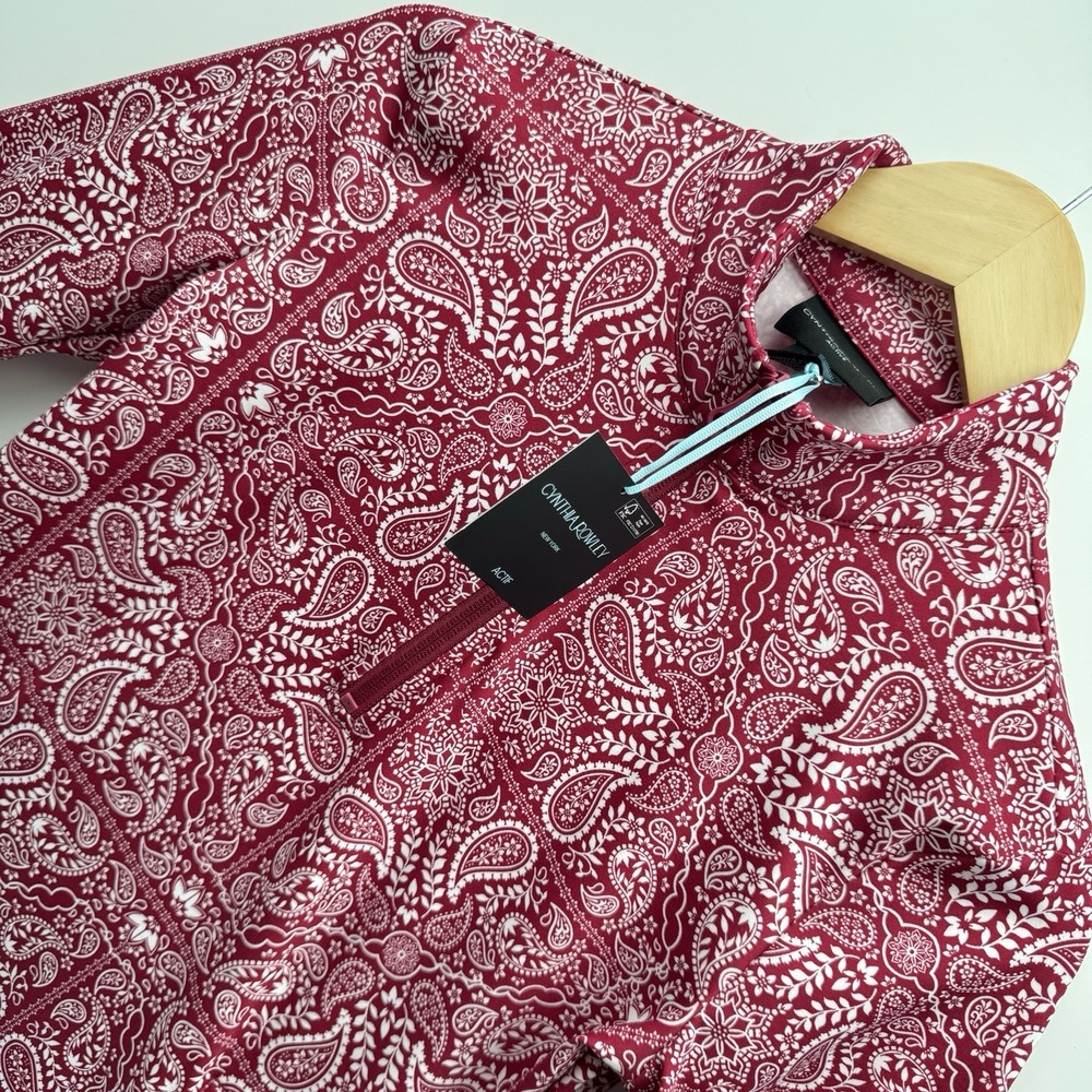 NWT Cynthia Rowley Active Bandana Paisley Quarter Zip Jacket Top Maroon Red XS